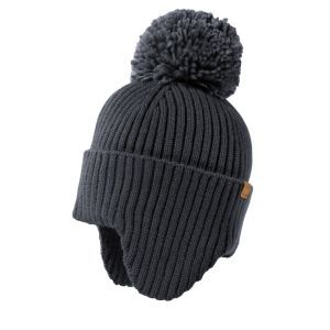 turn up ear flap, pompon grau-blau