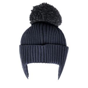 turn up ear flap, pompon grau-blau